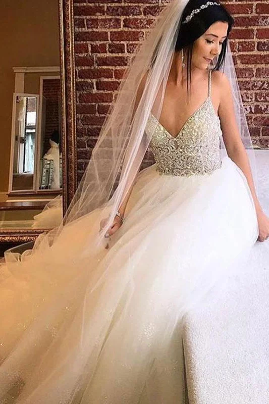 Customer Appreciation Sale Long Spaghetti Strap A-line Ivory Wedding Dress with Lace