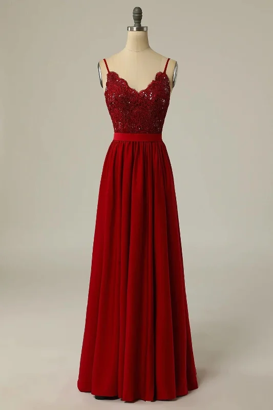 Limited Edition Straps Red Lace Sequins Floor Length Long Formal Dress