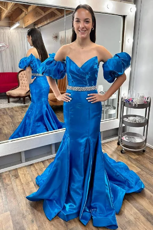 Act Fast Strapless Blue Balloon Sleeves Mermaid Prom Dress with Jeweled Belt