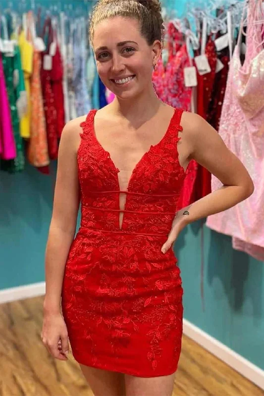 Super Sale Short V-Neck Red Appliqued Homecoming Dress