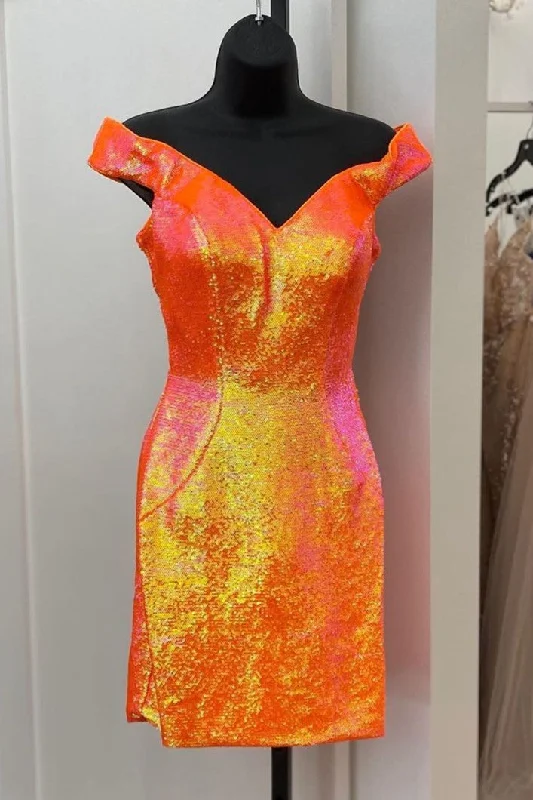 Deal of the Day Glitter Off the Shoulder Orange Sequins Mini Party Dress