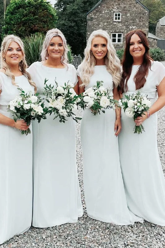 Best Bargains White Crew Neck Long Bridesmaid Dress with Sash