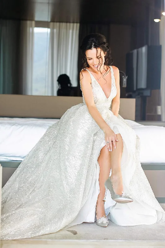 Daily Specials Sparkly Long V-Neck A-line White Wedding Dress with Slit