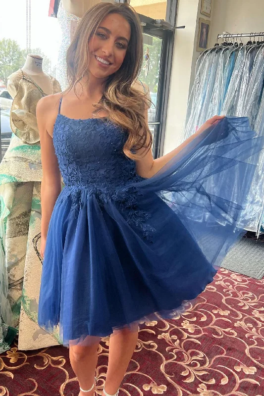 Crazy Savings A-Line Straps Navy Blue Appliques Short Homecoming Dress