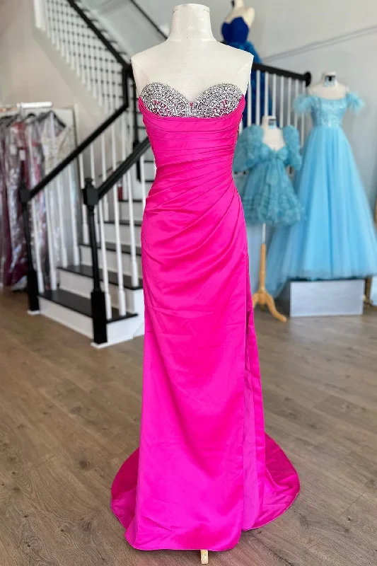 Factory Direct Sale Pleated Fuchsia Sweetheart Beaded Satin Long Prom Dress
