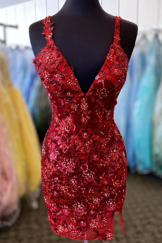 Price Rollback V-Neck Burgundy Sequin Appliques Tight Homecoming Dress