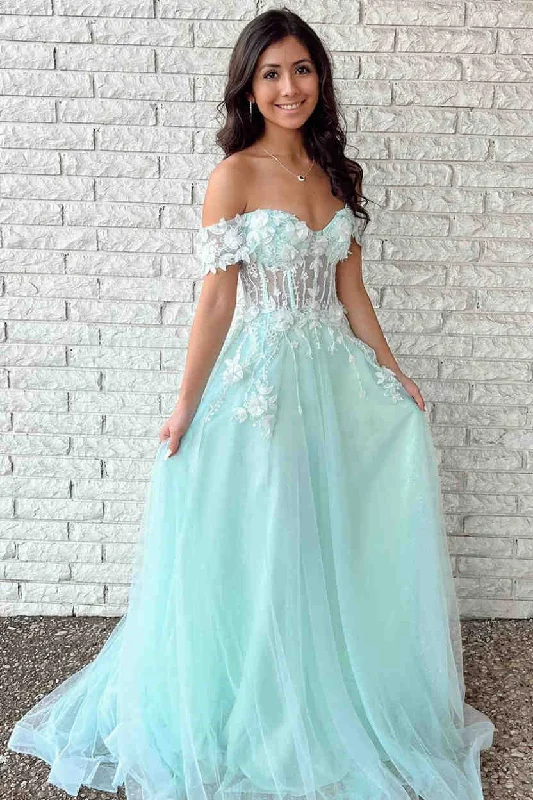 Lowest Prices Mint Green Off the Shoulder A-Line Formal Dress with Appliques