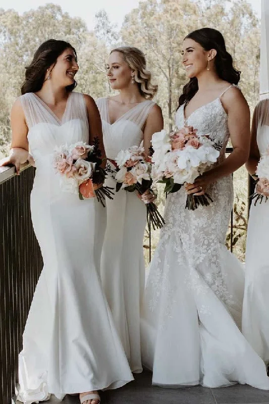 Price Drop Custom Order Tulle V-Neck White Mermaid Long Bridesmaid Dress