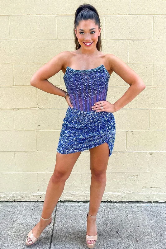 Extra Discounts Strapless Periwinkle Beaded Bodycon Homecoming Dress