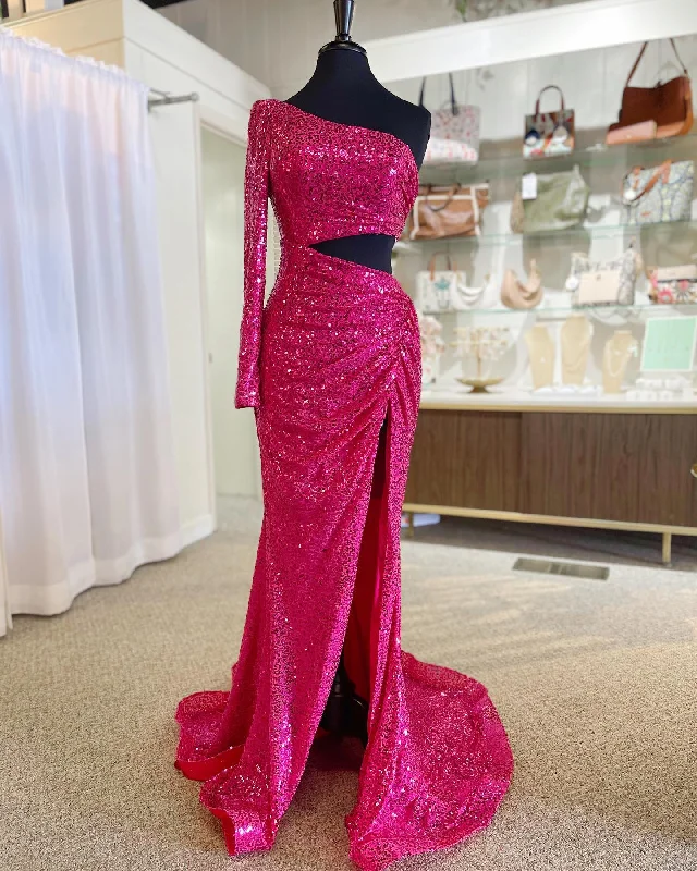 Get It Before It’s Gone Fuchsia One Shoulder Cut-Out Pleated Long Prom Dress with Long Sleeve
