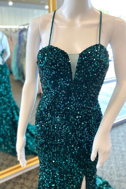 Special Promotion Hunter Green Lace-Up V Neck Sequins Long Prom Dress with Slit
