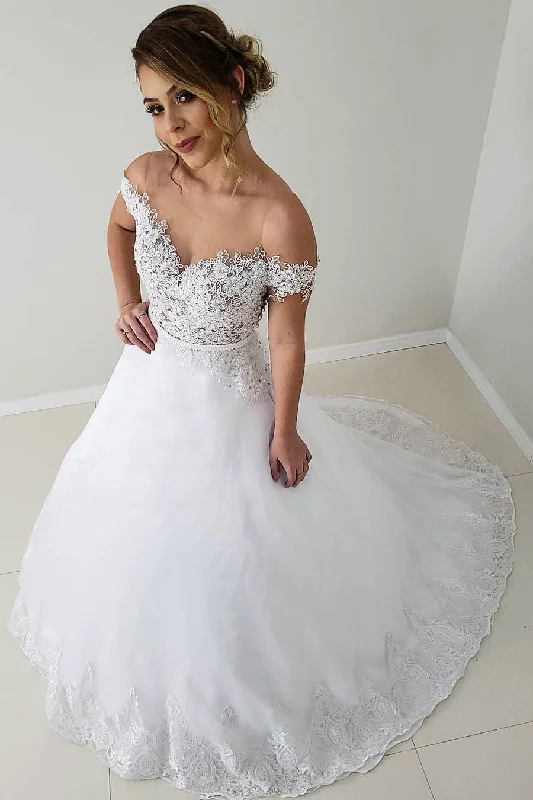 Online Specials Princess A-line Off the Shoulder White Wedding Dress with Lace