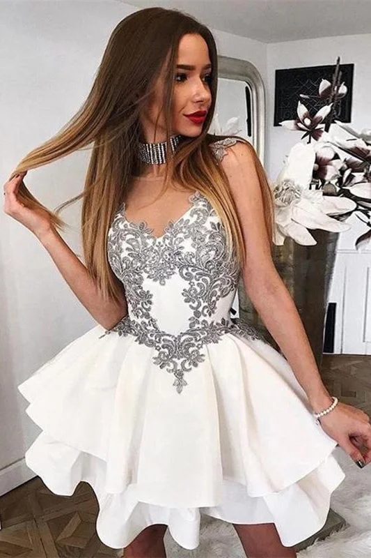 New Markdowns Cute White Illusion Neck Short Homecoming Dress with Appliques