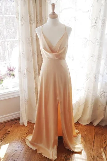 Reduced Prices Cowl Neck Champagne Satin Bridesmaid Dress with Slit