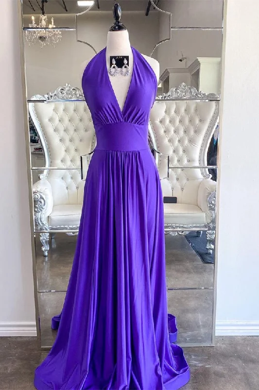 Buy Now Elegant A-Line Halter Purple Long Prom Dress