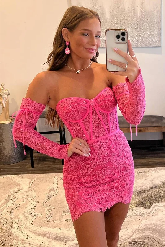 Shop and Save Hot Pink Lace Corset Short Homecoming Dress with Detachable Sleeves