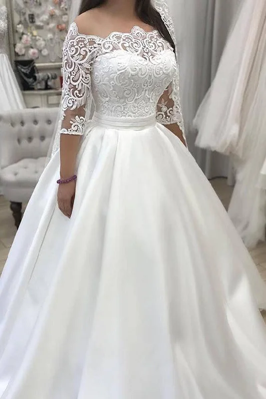 Super Sale Long Off Shoulder Half Sleeves A-line White Bridal Gown