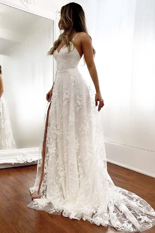 Final Clearance V-Neck Open Back Long White Bridal Dress with Slit
