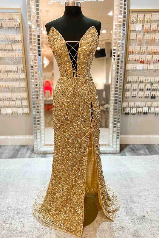 Seasonal Clearance Gold V Neck Mermiad Sequins Lace-Up Front Slit Long Prom Dress