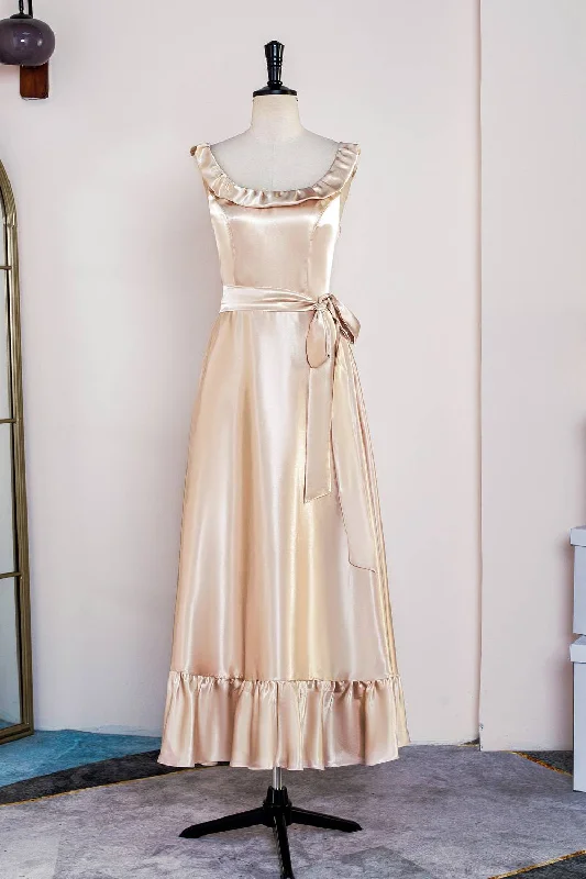 Unmissable Offer Champagne Square Neck Ruffle Midi Bridesmaid Dress