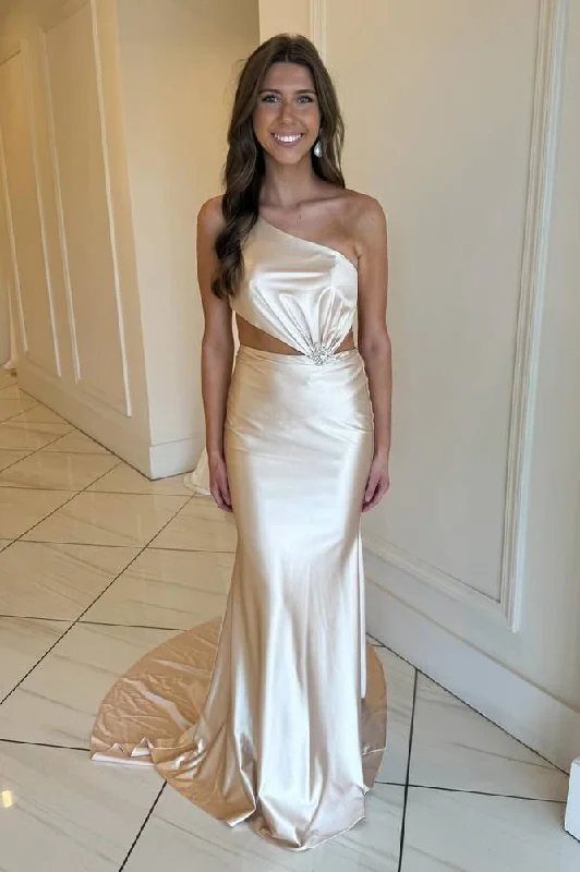 Exclusive Online Offer Champagne One-Shoulder Mermaid Satin Long Dress