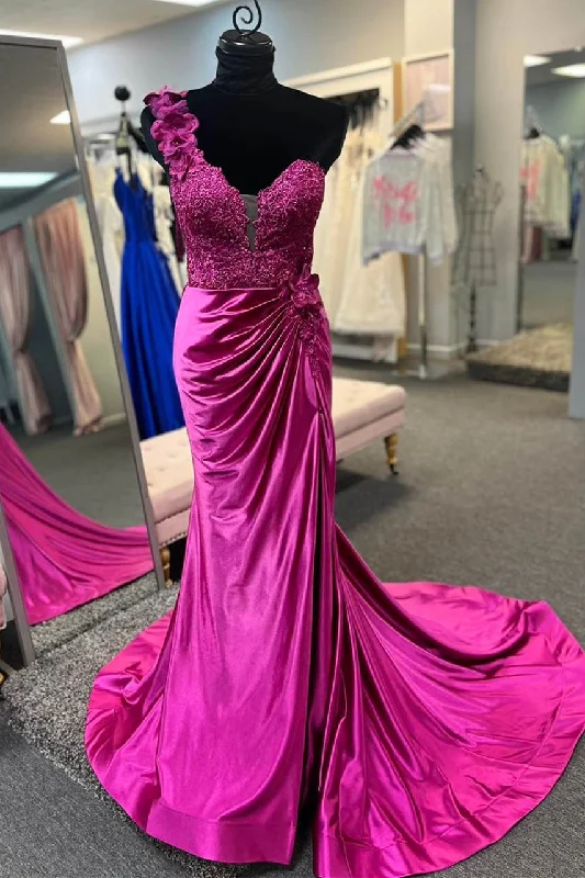 Extra Savings One Shoulder Fuchsia Ruched Long Prom Dress with 3D Flowers