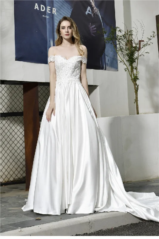 Flash Deals Fast Shipping Princess Off Shoulder White Wdding Dress with Buttons
