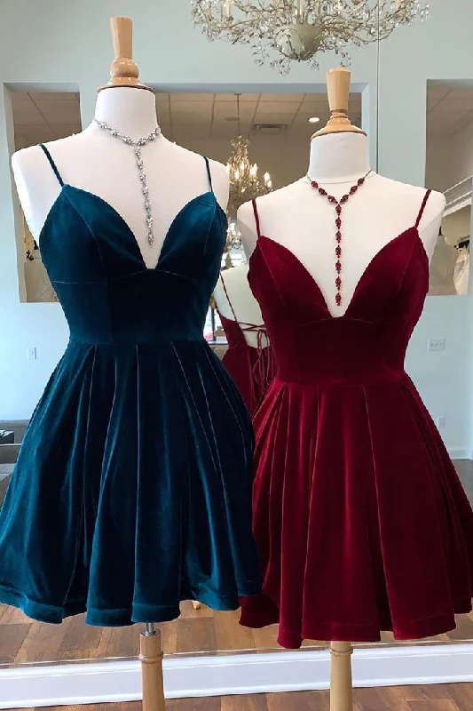 Daily Deals Tie Back Straps Velvet Navy Blue Homecoming Dress