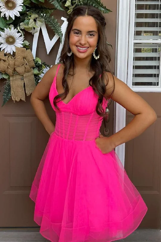Weekend Deal Short A-Line V-Neck Hot Pink Tulle Homecoming Dress