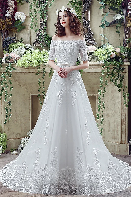 Savings Alert Princess Long Off Shoulder White Wedding Dress