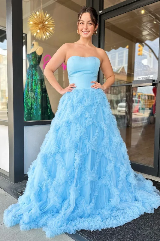 Don't Miss Light Blue Tulle Ruffled Net Streapless Long Prom Dress