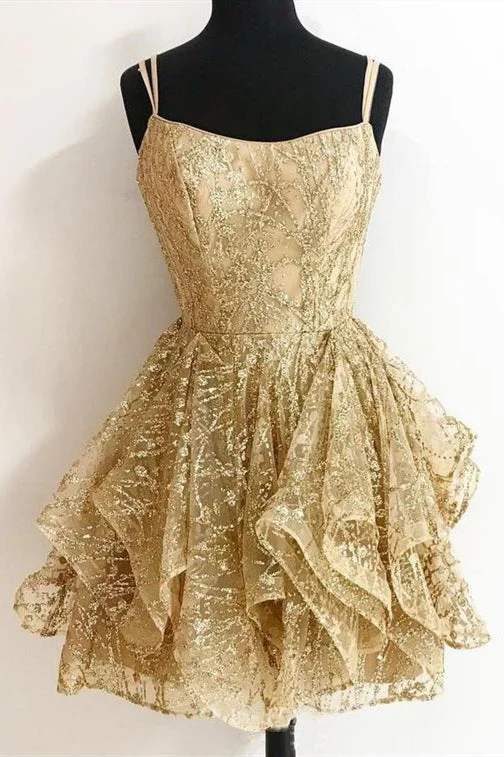 Crazy Savings Short A-line Sequined Gold Homecoming Dress with Ruffles