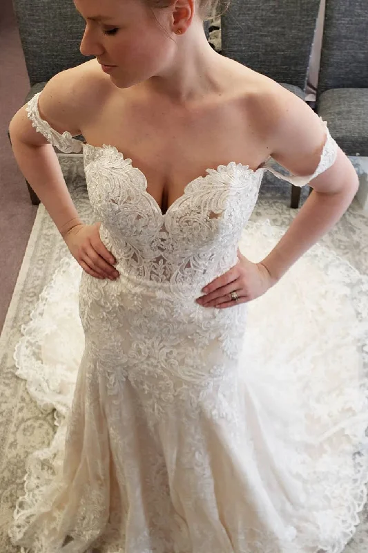 Shop and Save Long Off-the-Shoulder Mermaid Iovry Wedding Dress with Lace