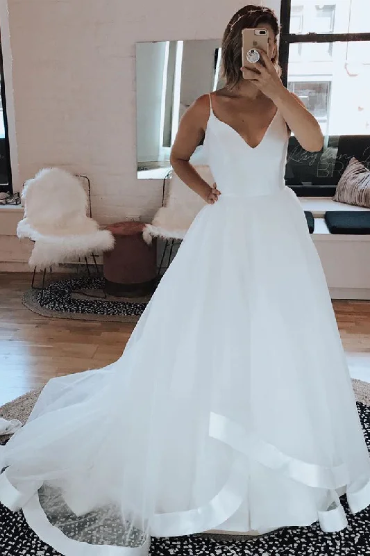 Price Drop Long A-line Spaghetti Strap White Wedding Dress with Ruffles