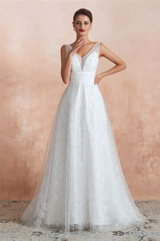 New Deals Long A-Line Floral Appliqued White Bridal Dress with Crystals