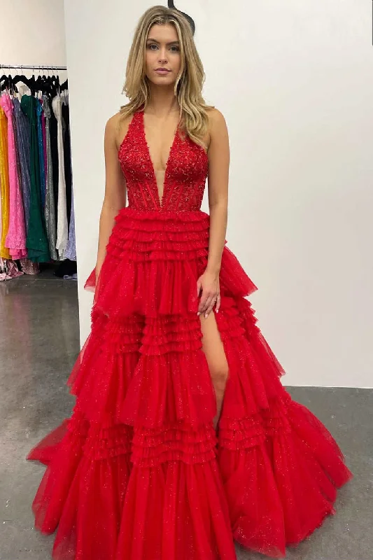 Quick Sale Halter Red Appliques Ruffle Tulle Prom Ball Gown