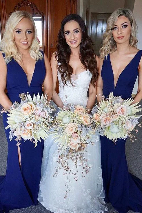 YEAR-End Clearance Mermaid V-Neck Navy Blue Long Bridesmaid Dress with Slit