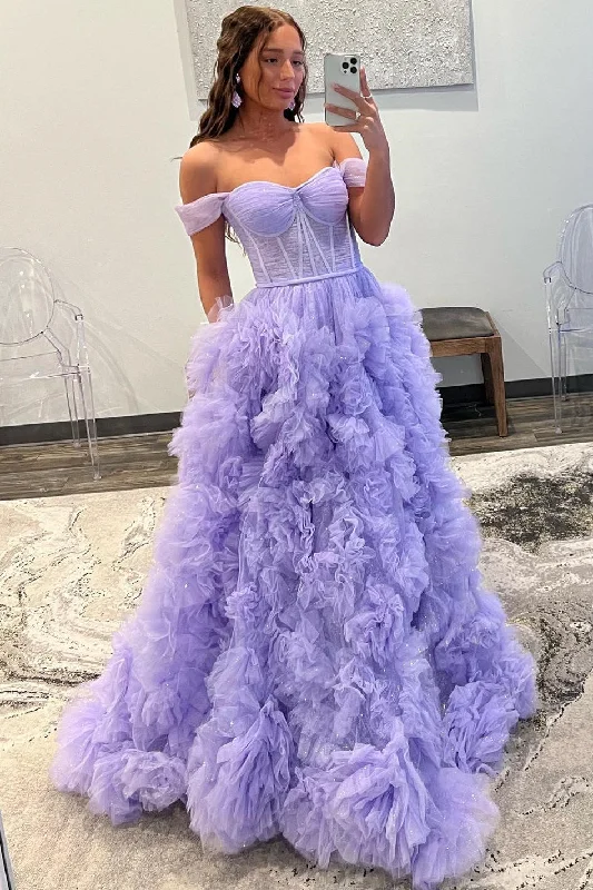 Season Finale Sale Lavender A-line Off-the-Shoulder Ruffle Layers Long Prom Dress