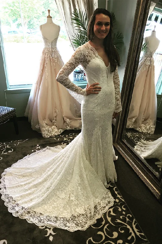 Price Reduction Mermaid Long Sleeves V-Neck Ivory Wedding Dress with Train