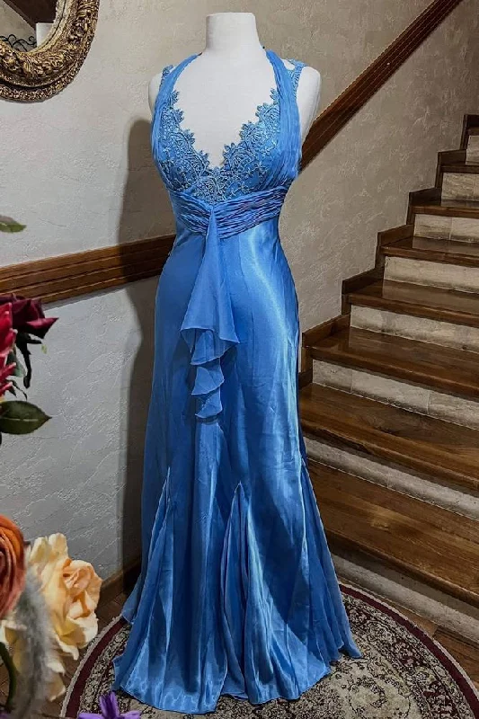 Unbeatable Prices Blue Halter Lace-Up Satin Maxi Dress