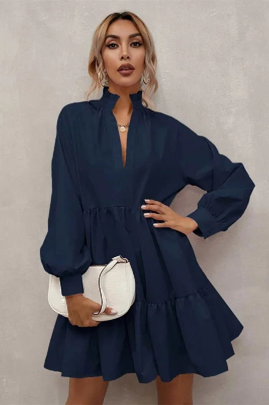 Referral Discount High Neck Navy Summer Dress with Puff Sleeves