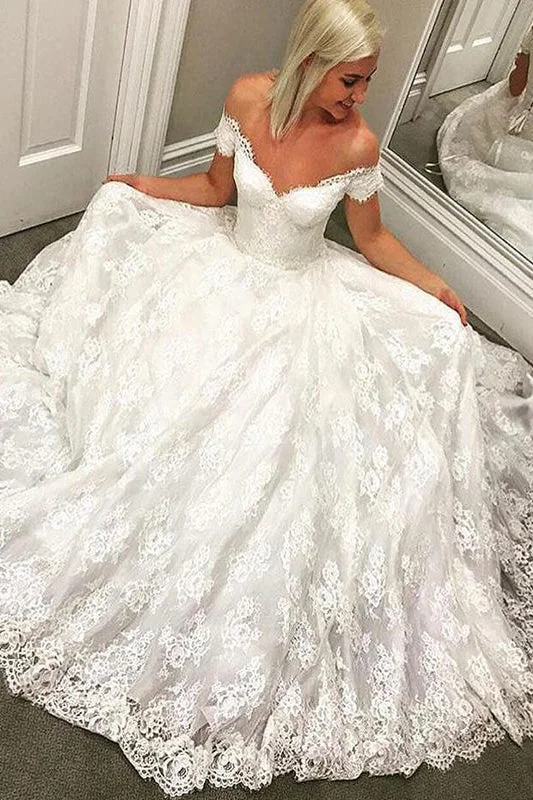 Midnight Madness Princess Long Off Shoulder A-line Ivory Wedding Dress with Lace