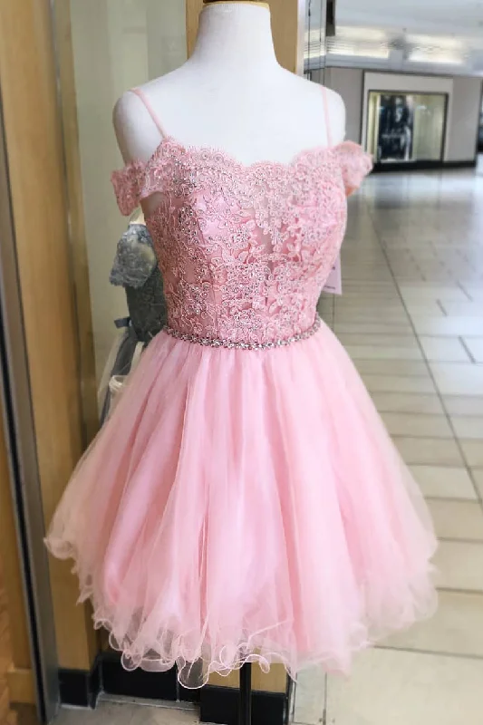 Best Bargains Cold Shoulder Pink Homeocming Dress with Crystals