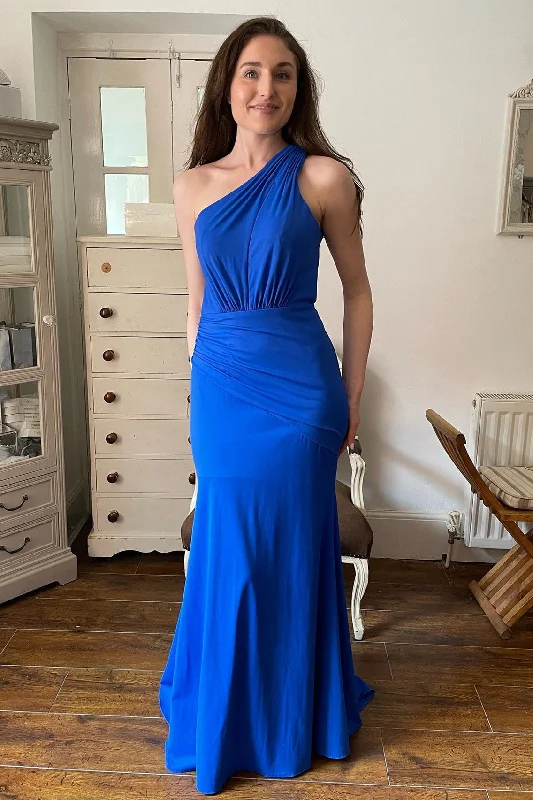 Season Finale Sale Pleated One Shoulder Royal Blue Mermaid Bridesmaid Dress