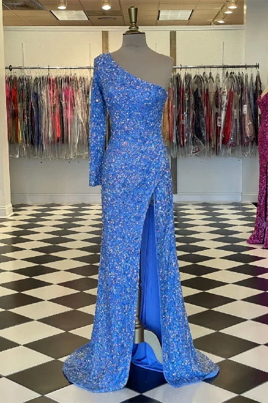 Amazing Deals Sparkly Blue Sequind Long Sleeve Prom Dress