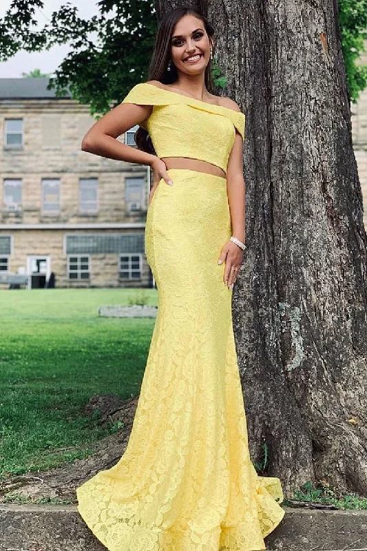 Time-Limited Offer Two Piece Off the Shoulder Lace Mermaid Yellow Prom Dress