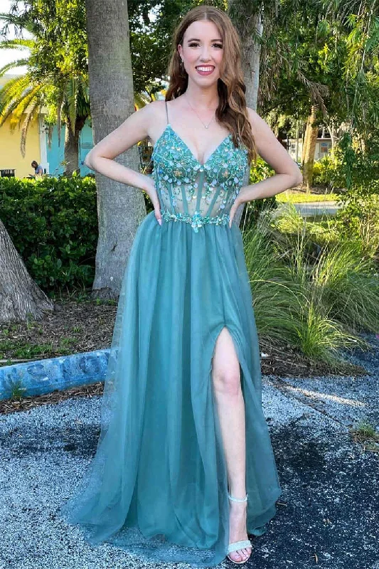 Closeout Sale A-Line V-Neck Teal Beaded Long Prom Dress with Slit