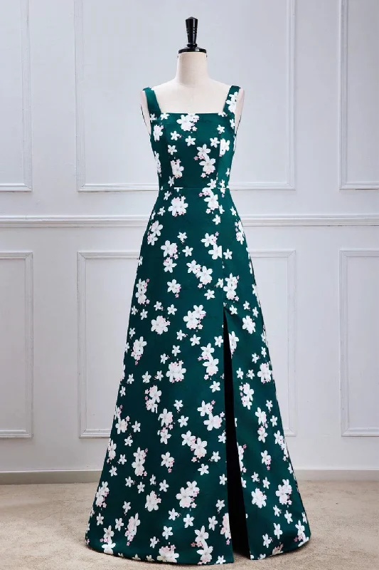 Mega Sale Square Neck Green Floral Print Long Bridesmaid Dress with Slit