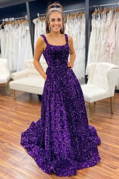 Early Access Straps Grape Square Neck Sequins Prom Dress with Pockets
