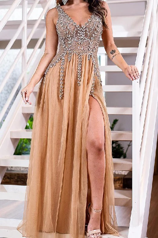 Price Fest V Neck Rhinestones Gold Long Prom Dress with Slit